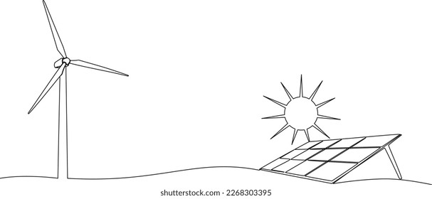 continuous single line drawing of solar energy and wind power concept, line art vector illustration