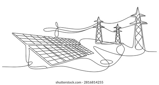 Continuous single line drawing of solar panels and electricity pylons