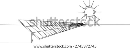 A continuous single line drawing of a solar panel facing the sun, line art style illustration.
