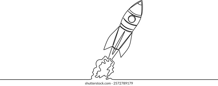 continuous single line drawing of space rocket taking off, line art vector illustration