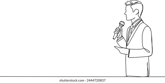 continuous single line drawing of speaker at business conference, line art vector illustration