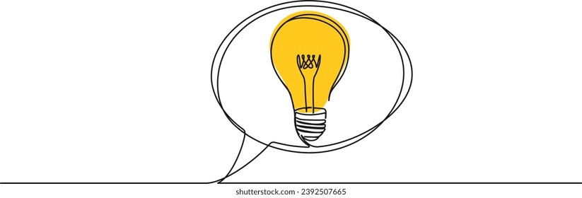 continuous single line drawing of speech bubble with lightbulb, idea and inspiration line art vector illustration