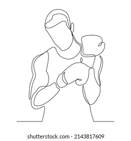 Continuous single line drawing of sporty boxer man punching use gloves vector illustration