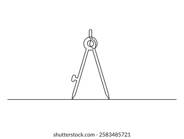 Continuous single line drawing of spring bow compass for drawing circle. Back to school minimalist style. Bow compass, education concept. Vector illustration