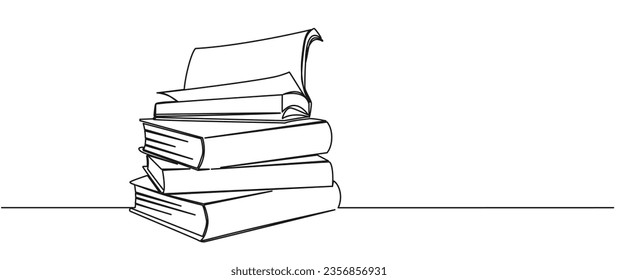 continuous single line drawing of stack of books with open book on top, line art vector illustration