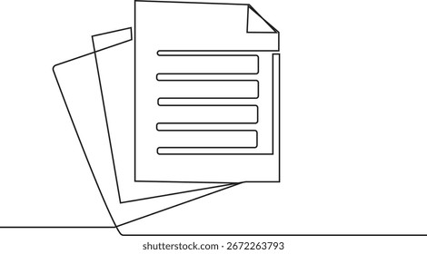 A continuous single line drawing of a stack of paper documents. The top page has a folded corner and lines representing text on a white background.