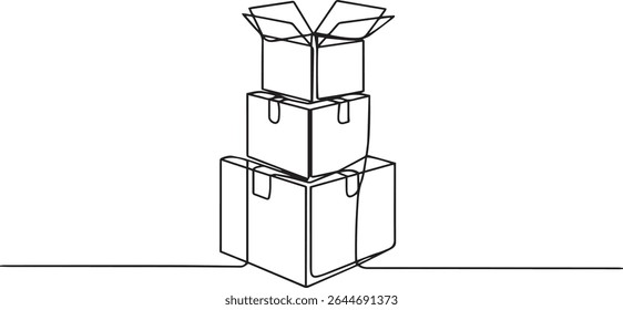 Continuous single line drawing of stacked cardboard boxes in pyramid formation with open top box on white background

