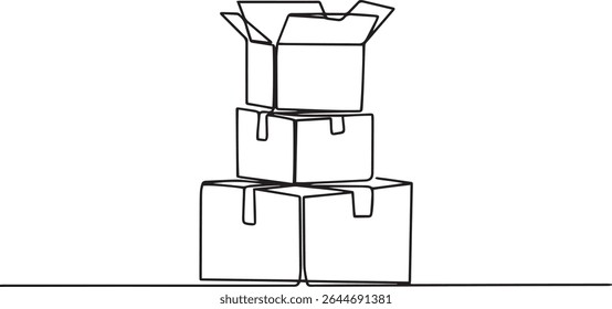 Continuous single line drawing of stacked cardboard boxes in pyramid formation with open top box on white background

