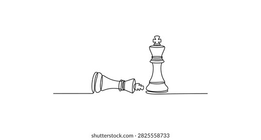 Continuous single line drawing of a standing chess king piece and a fallen chess king piece