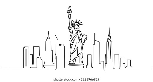 Continuous single line drawing of statue of liberty with new york city skyline landmark building silhouettes isolated on a plain white background Vector, illustration
