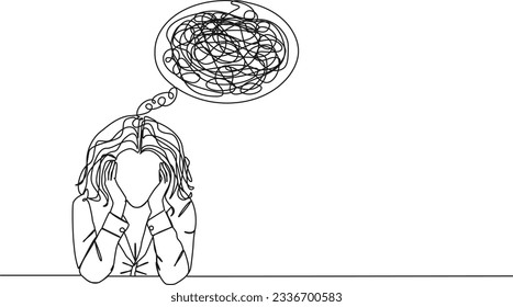 continuous single line drawing of stressed and confused woman with head in hands, line art vector illustration