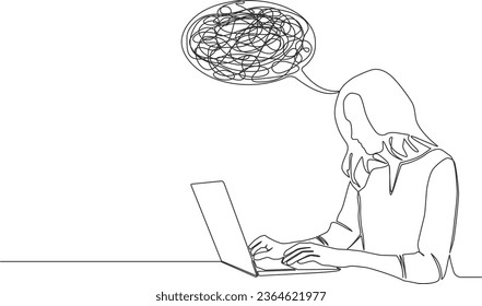 continuous single line drawing of stressed or confued woman using laptop computer, line art vector illustration