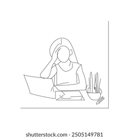 Continuous single line drawing of stressed and frustrated woman using a laptop computer.