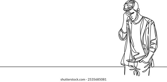 continuous single line drawing of stressed man having a headache, line art vector illustration