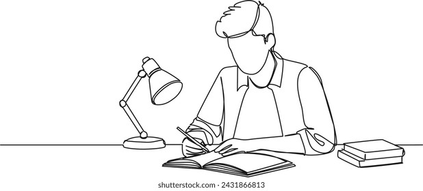 continuous single line drawing of student doing homework, line art vector illustration