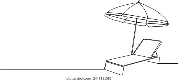 continuous single line drawing of sunbed and parasol, line art vector illustration