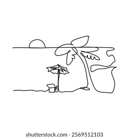 Continuous single line drawing of sunset sunrise outline vector art landscape design,