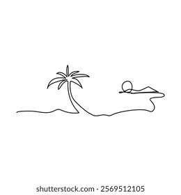 Continuous single line drawing of sunset sunrise outline vector art landscape design,
