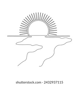 Continuous single line drawing of sunset,sunrise outline vector art, landscape.