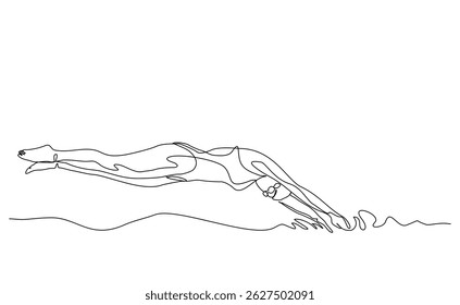 Continuous single line drawing of swimming athlete woman jumping to start swim competition. Vector illustration editable sketch of healthy sport lifestyle