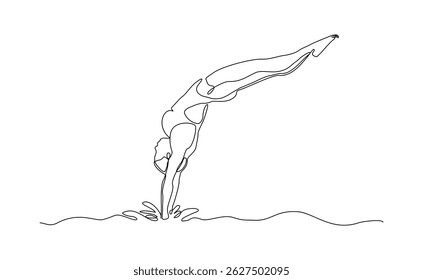 Dibujo continuo de una sola línea de mujer atleta de natación saltando para comenzar la competencia de natación. Ilustración vectorial editable boceto de estilo de vida deportivo saludable