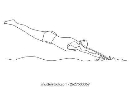Continuous single line drawing of swimming athlete man jumping to start swim competition. Vector illustration editable sketch of healthy sport lifestyle