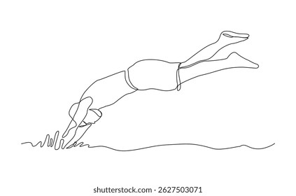 Continuous single line drawing of swimming athlete man jumping to start swim competition. Vector illustration editable sketch of healthy sport lifestyle