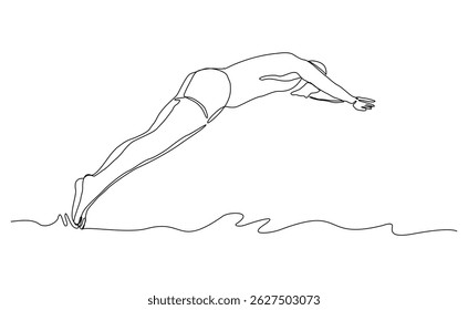 Continuous single line drawing of swimming athlete man jumping to start swim competition. Vector illustration editable sketch of healthy sport lifestyle