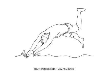 Continuous single line drawing of swimming athlete man jumping to start swim competition. Vector illustration editable sketch of healthy sport lifestyle