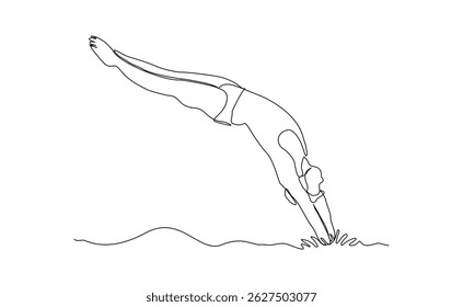 Continuous single line drawing of swimming athlete man jumping to start swim competition. Vector illustration editable sketch of healthy sport lifestyle