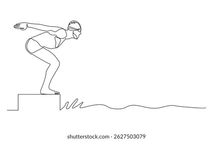 Continuous single line drawing of swimming athlete man jumping to start swim competition. Vector illustration editable sketch of healthy sport lifestyle