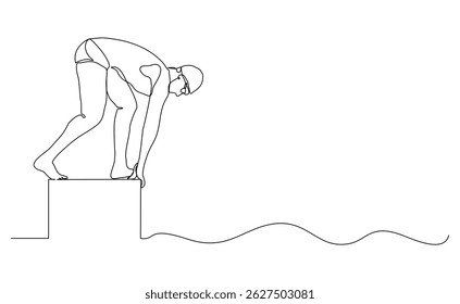 Continuous single line drawing of swimming athlete man jumping to start swim competition. Vector illustration editable sketch of healthy sport lifestyle