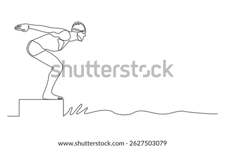 Continuous single line drawing of swimming athlete man jumping to start swim competition. Vector illustration editable sketch of healthy sport lifestyle