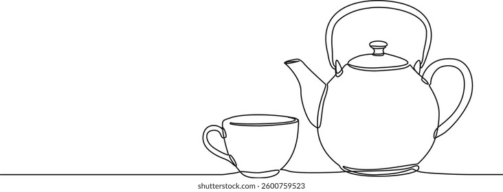 continuous single line drawing of teapot and cup of tea, line art vector illustration