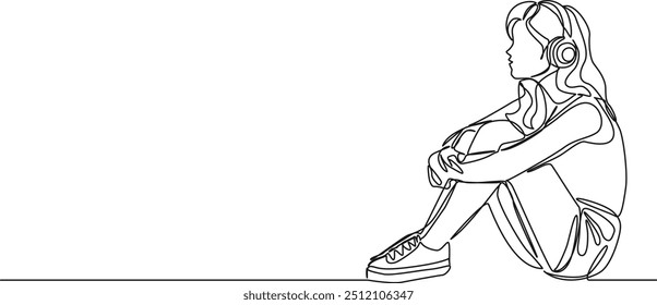 continuous single line drawing of teenage girl sitting on floor listening to music using over-ear headphones, line art vector illustration