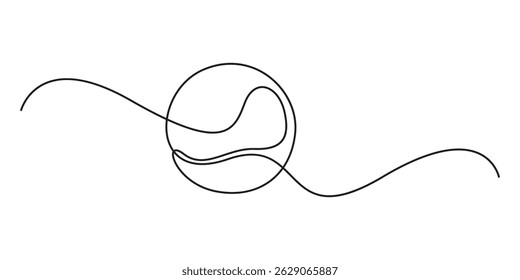 Desenho contínuo de uma única linha da bola de tênis. Equipamento de tênis uma arte de linha contínua, Tênis bola linha contínua. Uma linha contínua desenhando a bola de tênis. Conceito de esporte. Ilustração de vetor