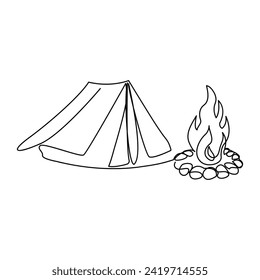 Continuous single line drawing of tent and campfire Vector art illustration minimalist design