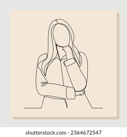 Continuous single line drawing of thinking woman. One line art of business woman thinking idea. Vector illustration
