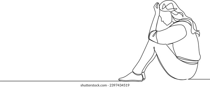 continuous single line drawing of thoughtful worried woman sitting on floor holding her head, line art vector illustration