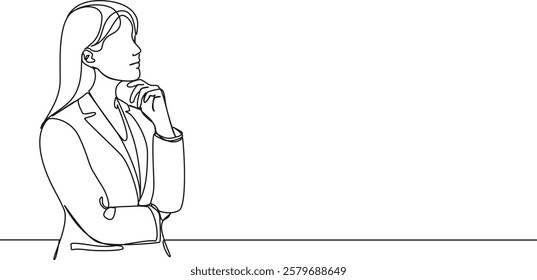 continuous single line drawing of thoughtful businesswoman, hand on chin, line art vector illustration