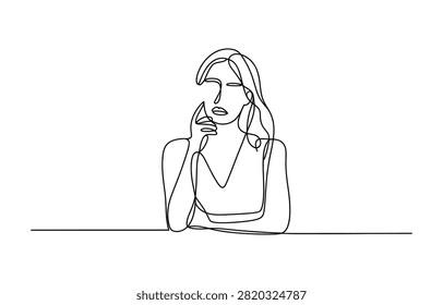 Continuous single line drawing of a thoughtful young woman resting her chin on her hand