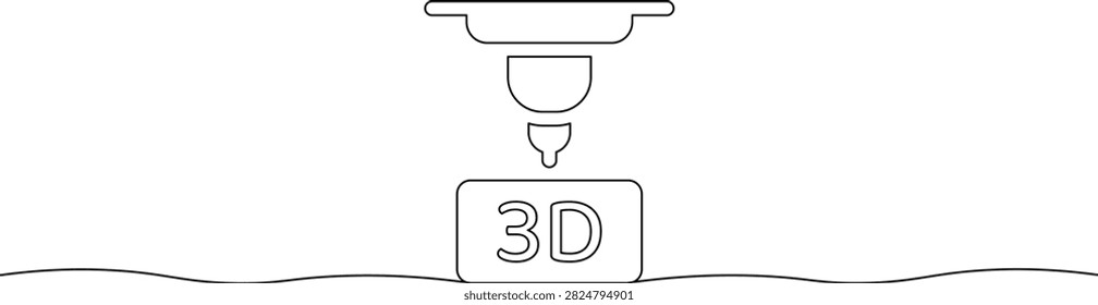 Continuous single line drawing of a three d printer head creating a block with 3d text symbol showing modern manufacturing technology and rapid prototyping concept

