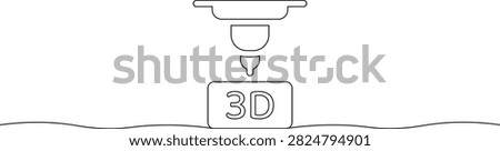Continuous single line drawing of a three d printer head creating a block with 3d text symbol showing modern manufacturing technology and rapid prototyping concept
