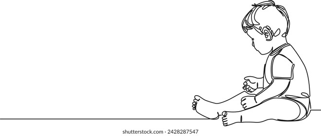 continuous single line drawing of toddler boy sitting on floor, line art vector illustration