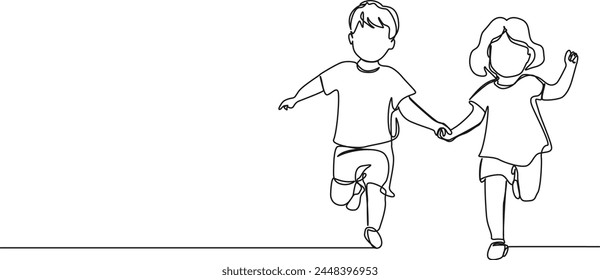 continuous single line drawing of toddler girl and boy running hand in hand, line art vector illustration