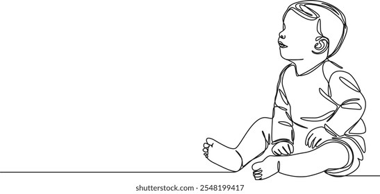 durchgehende einzeilige Zeichnung eines auf dem Boden sitzenden Kleinkindes, Linienkunst, Vektorgrafik