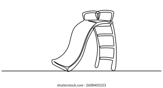 continuous single line drawing of toddler on slide, playground line art vector illustration, continuous single drawn one line riding a playground with a slide painted by hand picture silhouette. 