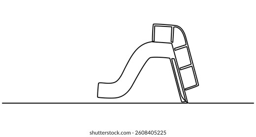 continuous single line drawing of toddler on slide, playground line art vector illustration, continuous single drawn one line riding a playground with a slide painted by hand picture silhouette. 