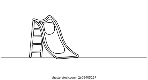 continuous single line drawing of toddler on slide, playground line art vector illustration, continuous single drawn one line riding a playground with a slide painted by hand picture silhouette. 
