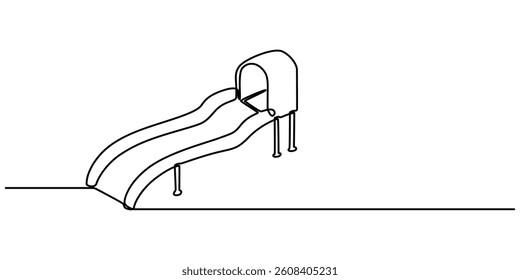 continuous single line drawing of toddler on slide, playground line art vector illustration, continuous single drawn one line riding a playground with a slide painted by hand picture silhouette. 